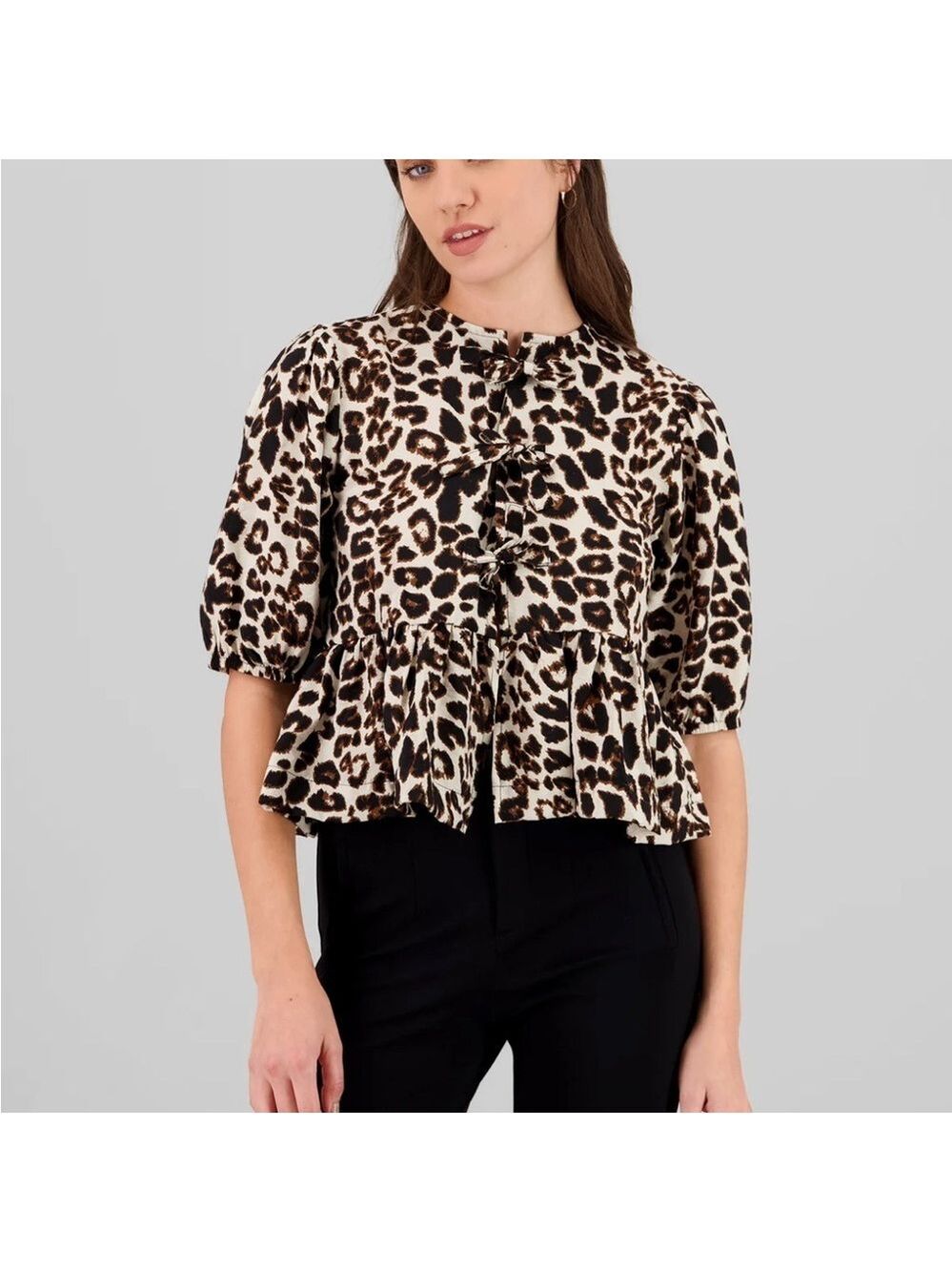 Monteau Black and Brown Peplum Blouse with Puff Sleeves animal print. Medium